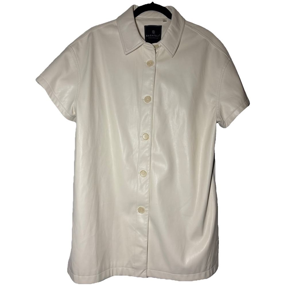 Bagatelle Faux Leather Shirt Men's Cream NWT Short Sleeve Button Down L